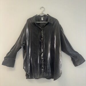 H&M Sz Lg Tunic Top Blouse Button Down Shirt Glam Metallic Rockabilly Old Money